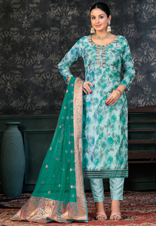 Digital Printed Organza Pakistani Suit in Sea Green