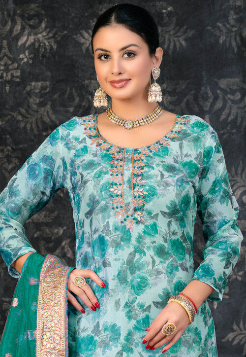 Digital Printed Organza Pakistani Suit in Sea Green