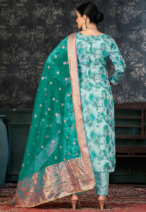 Digital Printed Organza Pakistani Suit in Sea Green