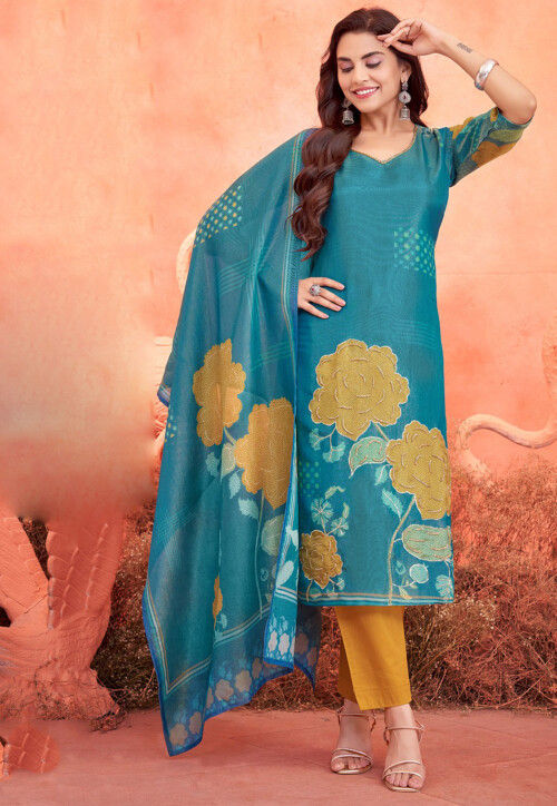 Digital Printed Organza Pakistani Suit in Teal Blue