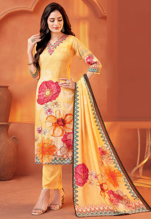 Digital Printed Organza Pakistani Suit in Yellow