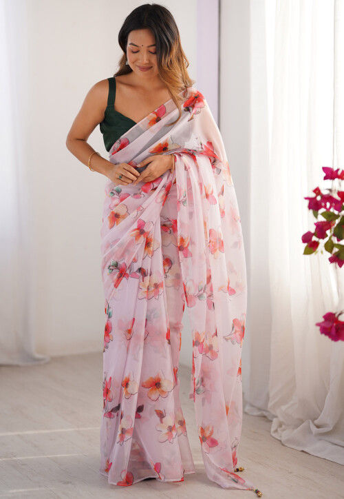 Digital Printed Organza Saree in Baby Pink