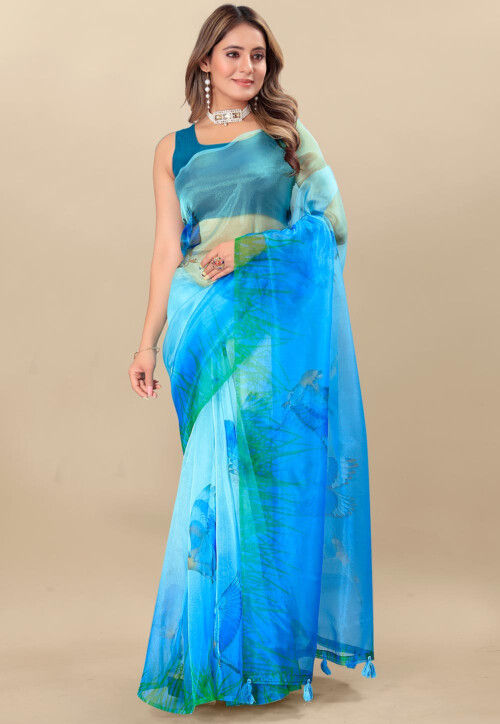Digital Printed Organza Saree in Blue