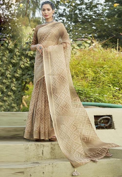 Maroon & Gold-Toned Organza Saree with Blouse Piece – Inddus.com