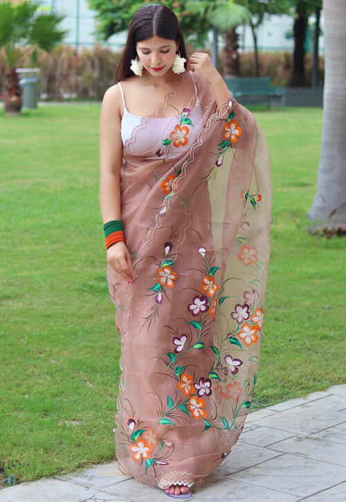 Hant Painted Organza Saree in Brown