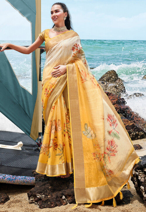 digital printed organza saree in mustard and beige v1 suz421