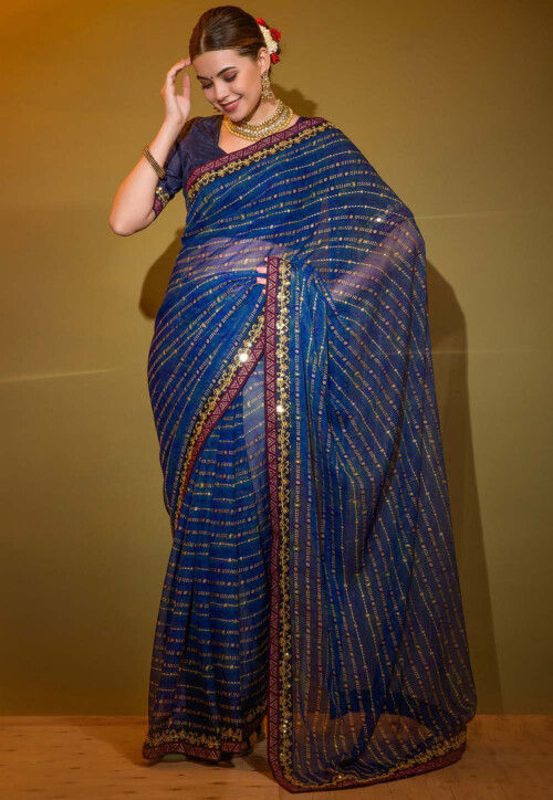 Water Grey Glossy Organza Saree with Dark Blue Blouse – SHE IN SAREES