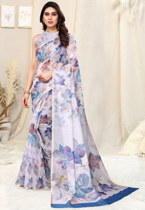 Digital Printed Organza Saree in Off White