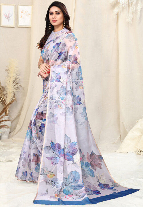 Digital Printed Organza Saree in Off White