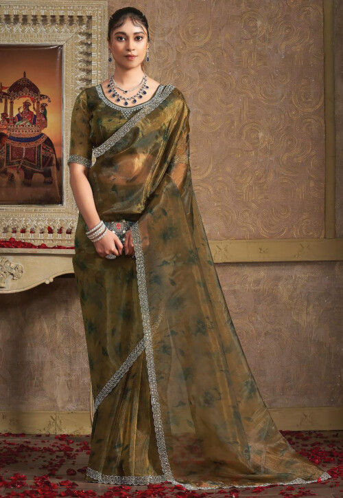 Digital Printed Organza Saree in Olive Green