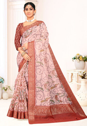 Digital Printed Organza Saree in Pink