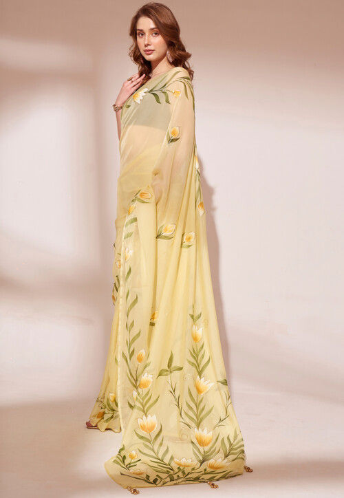 Yellow Georgette Digital Printed Organza Saree with Designer Blouse main image 0