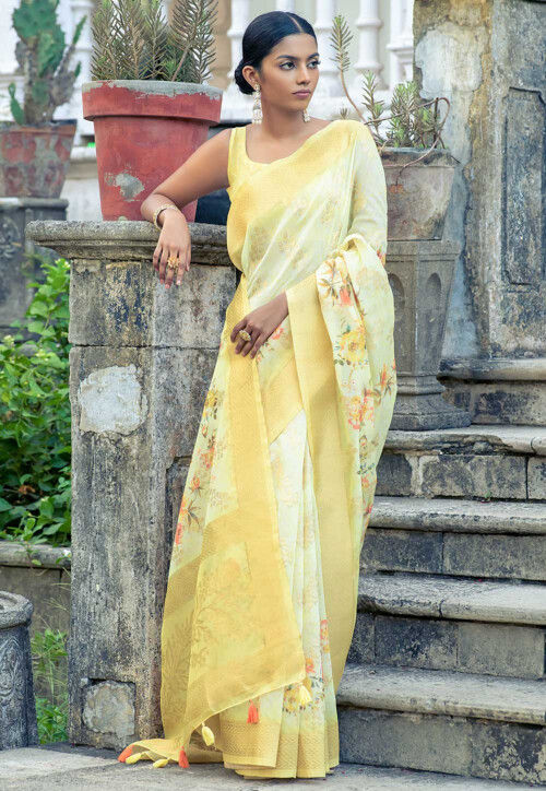 Digital Printed Organza Saree in Yellow