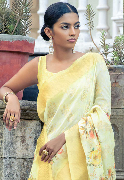 Digital Printed Organza Saree in Yellow