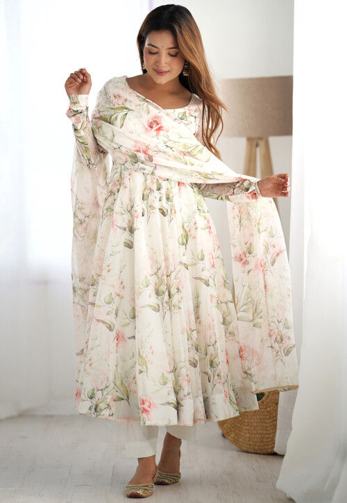 Digital Printed Organza Silk Abaya Style Suit in Cream