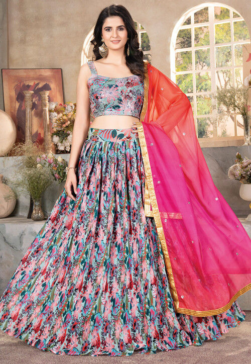 Digital Printed Organza Silk Lehenga in Multicolor
