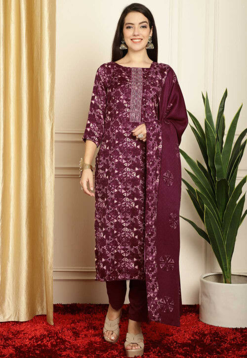 Digital Printed Pashmina Silk Pakistani Suit in Purple : KPV1619