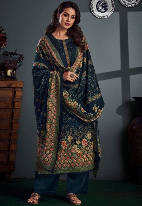 Digital Printed Pashmina Silk Pakistani Suit in Teal Blue