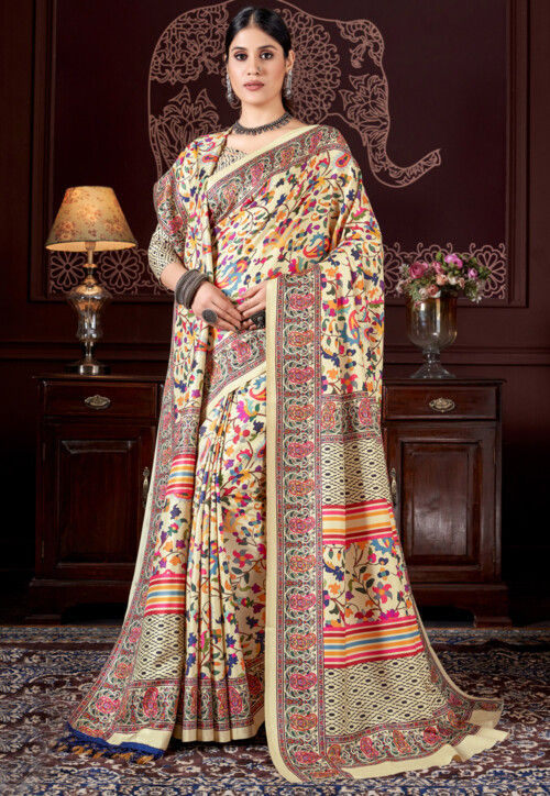 Women's Pashmina Silk Beige Printed Designer Saree With Blouse Piece