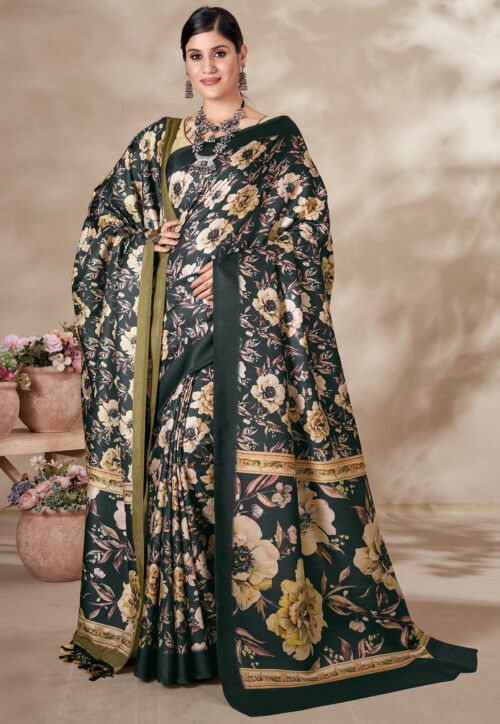 Digital Printed Pashmina Silk Saree in Dark Grey