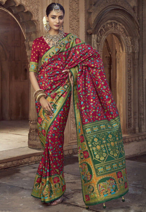 Digital Printed Pashmina Silk Saree in Maroon