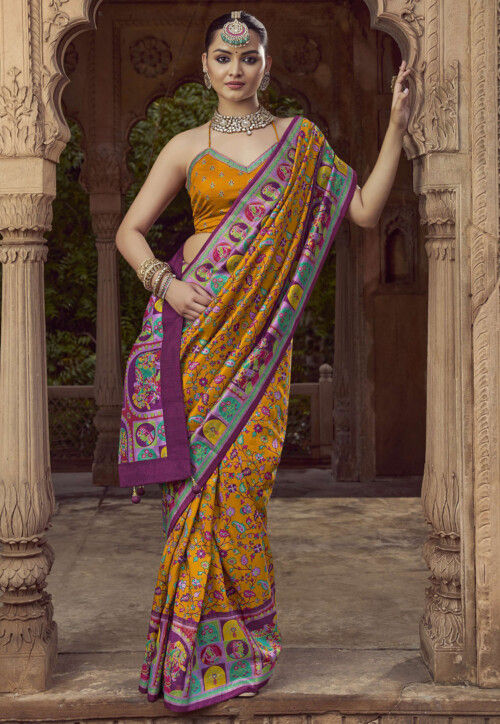 Digital Printed Pashmina Silk Saree in Mustard