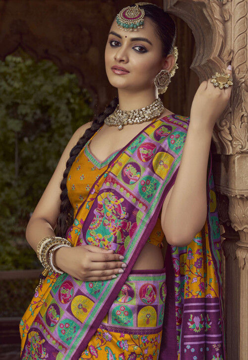 Digital Printed Pashmina Silk Saree in Mustard