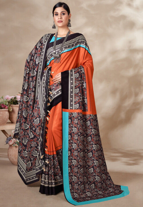 Digital Printed Pashmina Silk Saree in Orange
