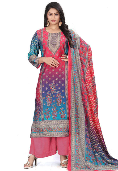 Digital Printed Cotton Pakistani Suit in Pink and Blue