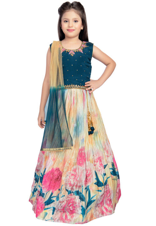Digital Printed Polyester A Line Lehenga in Multicolor