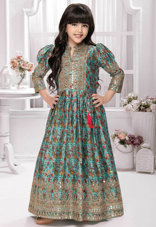 Digital Printed Polyester Gown in Blue