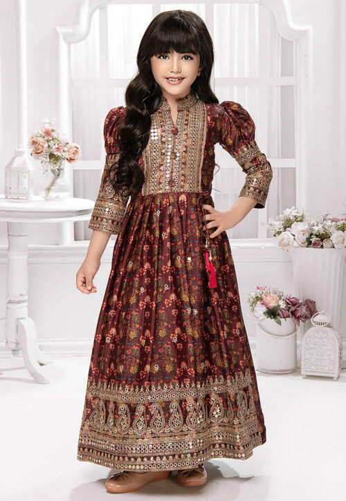 Digital Printed Polyester Gown in Maroon