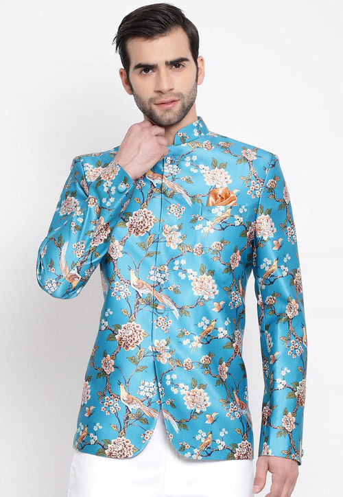 Digital Printed Polyester Jodhpuri Jacket in Blue