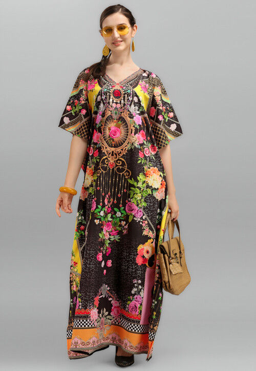 Digital Printed Polyester Kaftan in Black