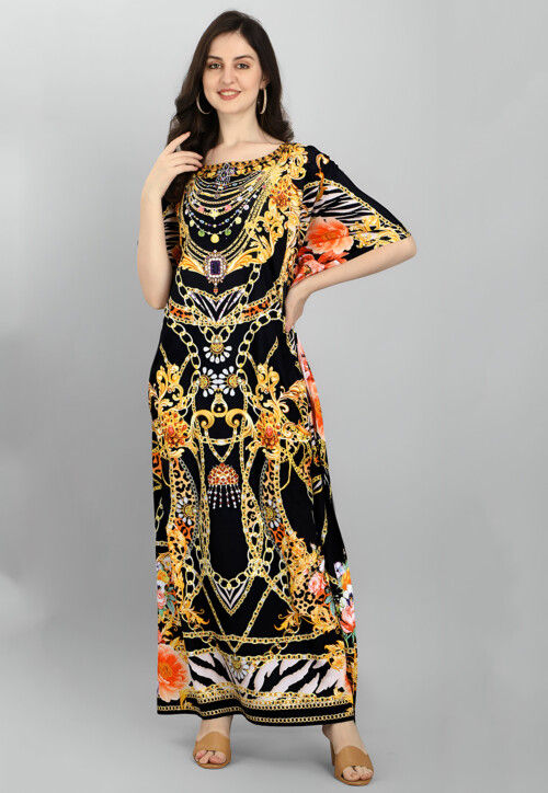 Digital Printed Polyester Kaftan in Black