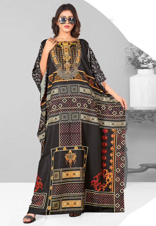 Digital Printed Polyester Kaftan in Black