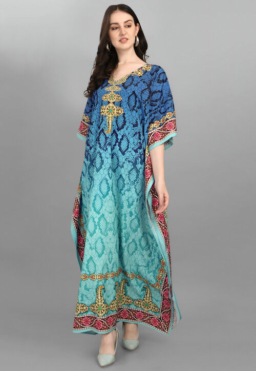 Digital Printed Polyester Kaftan in Blue