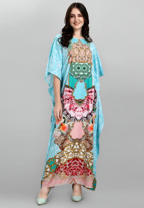 Digital Printed Polyester Kaftan in Light Blue