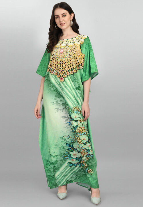 Digital Printed Polyester Kaftan in Light Green