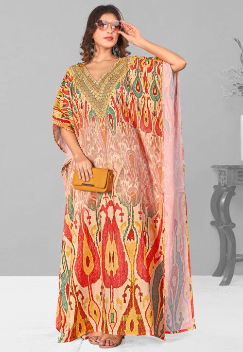 Digital Printed Polyester Kaftan in Multicolor