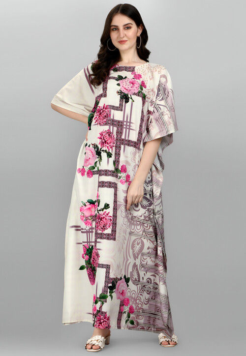 Digital Printed Polyester Kaftan in Off White