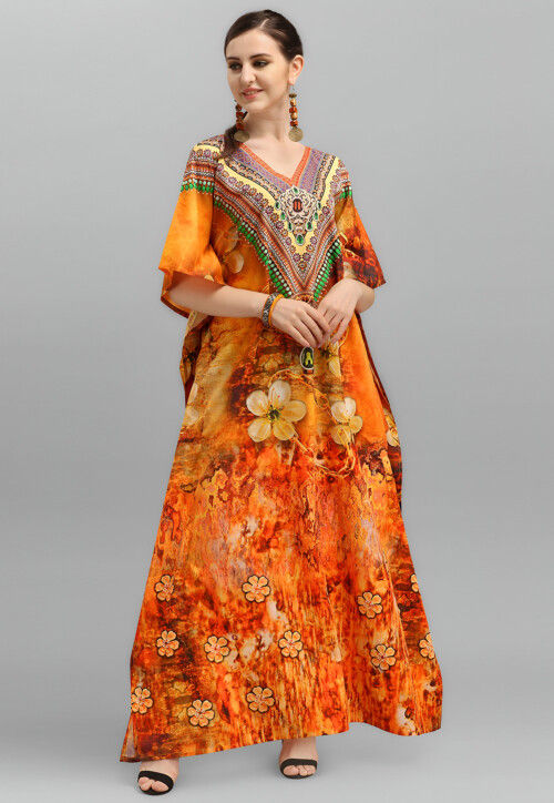 Digital Printed Polyester Kaftan in Orange