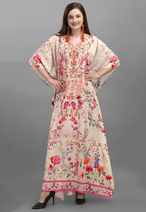 Digital Printed Polyester Kaftan in Peach