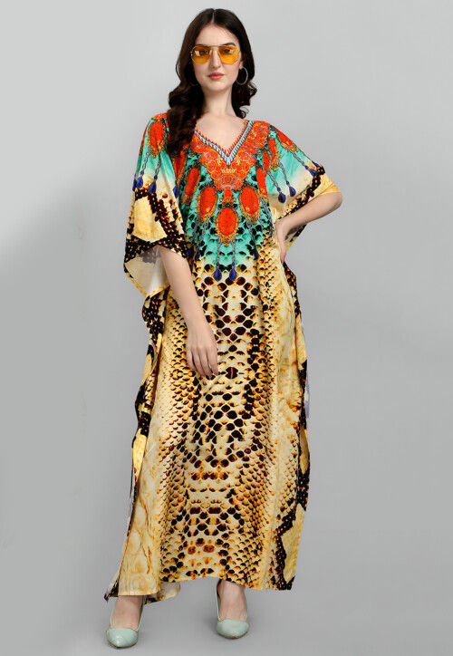 Digital Printed Polyester Kaftan in Yellow