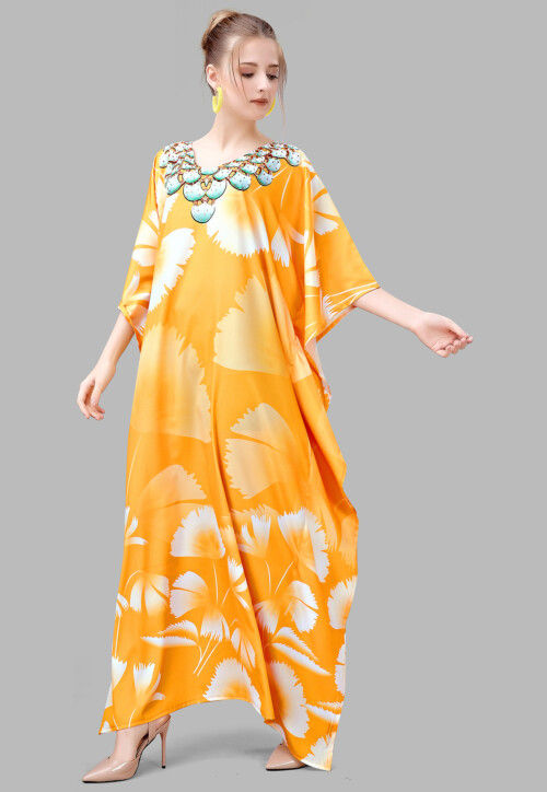 Digital Printed Polyester Kaftan in Yellow