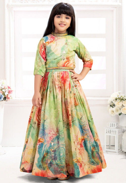 Digital Printed Polyester Lehenga in Multicolor