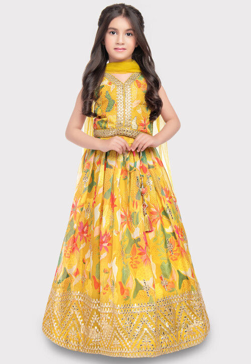 Digital Printed Organza Lehenga in Yellow