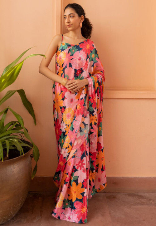 Digital Printed Polyester Saree in Multicolor