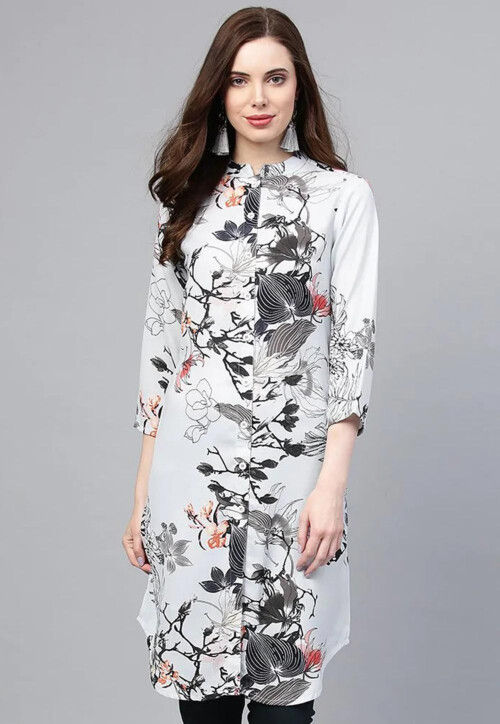 Digital Printed Polyester Shirt Style Top in Light Grey