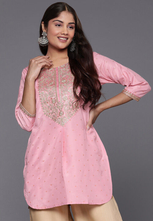 Embroidered Polyester Kurti in Pink